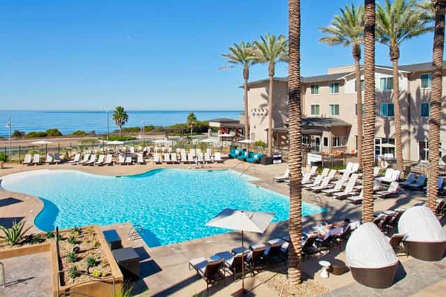 Beachfront resort pool area with palm trees, lounge chairs, and ocean view