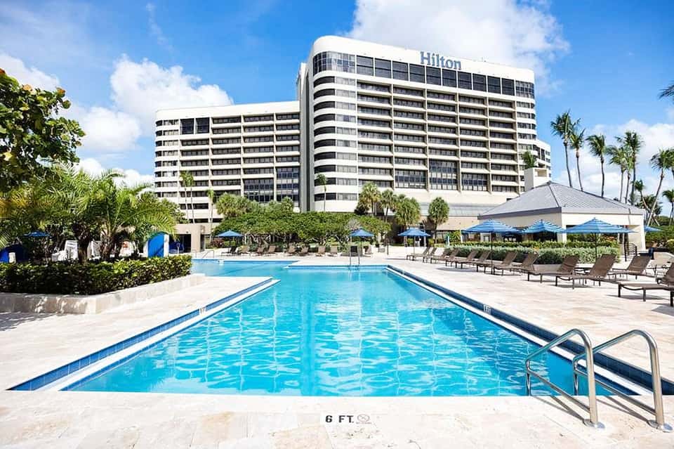 Multi-story Hilton hotel with curved architecture beside a resort pool with loungers