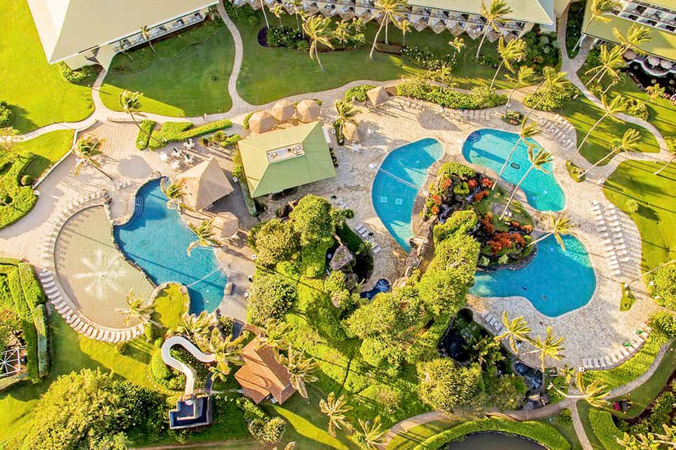 Aerial view of resort pool complex with curved blue pools surrounded by palm trees and manicured landscaping