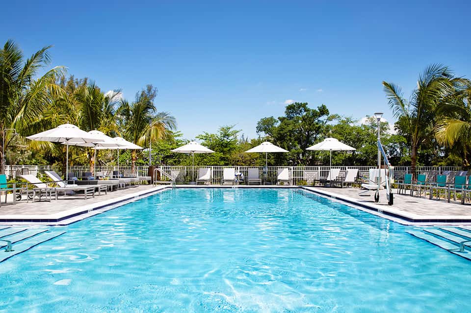 Resort swimming pool with white umbrellas, lounge chairs, palm trees, and clear blue water on sunny day