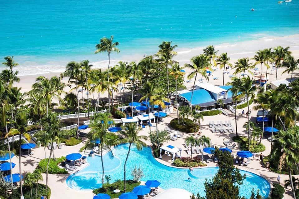 Aerial view of beachfront resort with curved pool, blue umbrellas, palm trees, and white sandy beach