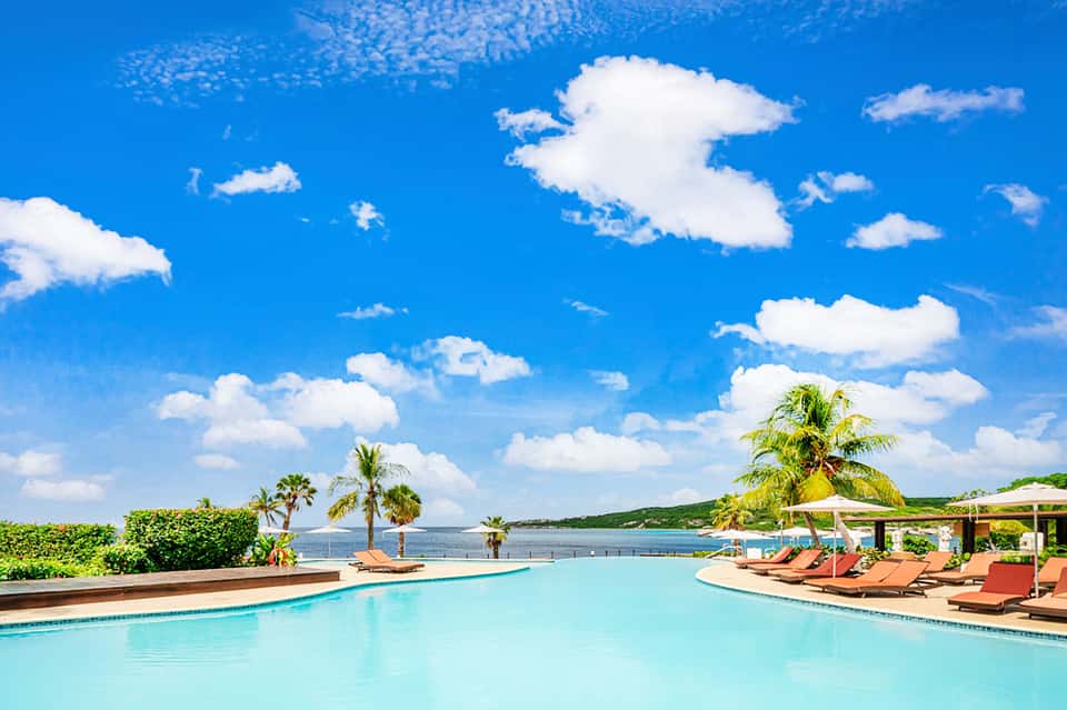 Oceanfront resort pool with lounge chairs, palm trees, and clear blue sky