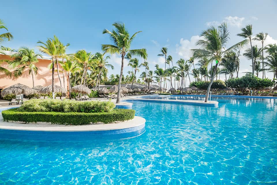 Resort infinity pool with palm trees, thatched umbrellas, and manicured landscaping under blue sky