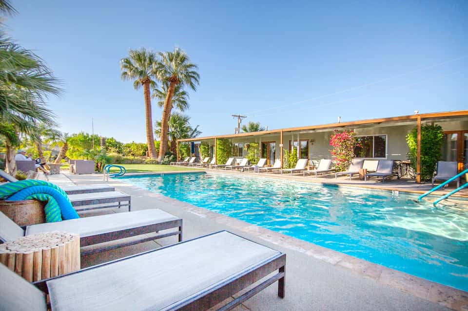 Resort pool with palm trees, spa loungers, and modern single-story building