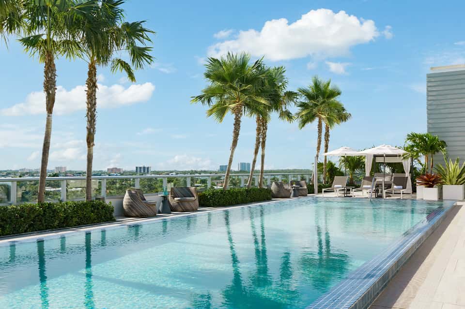 Infinity-edge rooftop pool with palm trees and city skyline views with white loungers