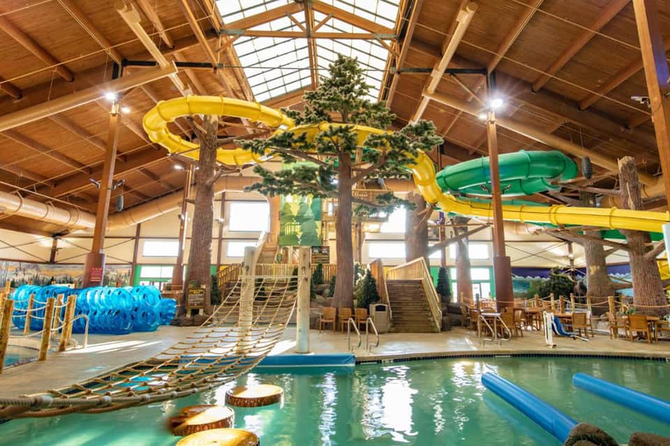 Indoor waterpark with yellow and green slides, trees, and swimming pool under wooden ceiling