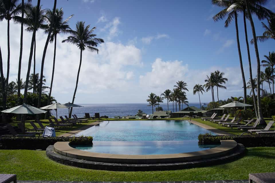 Luxury resort pool with palm trees, ocean views, lounge chairs with umbrellas, and manicured lawn overlooking the coast