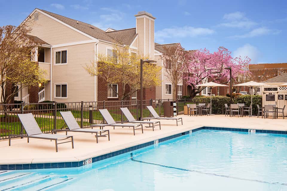 Resort pool area with white lounge chairs, colonial-style brick building, and blooming pink trees