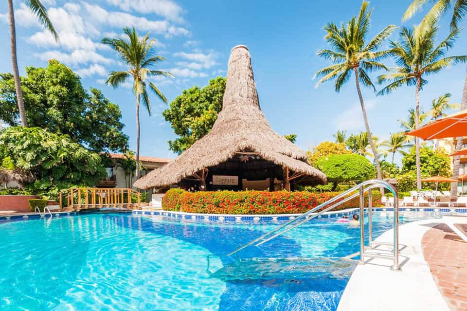 Resort pool with thatched-roof cabana, palm trees, and blue water