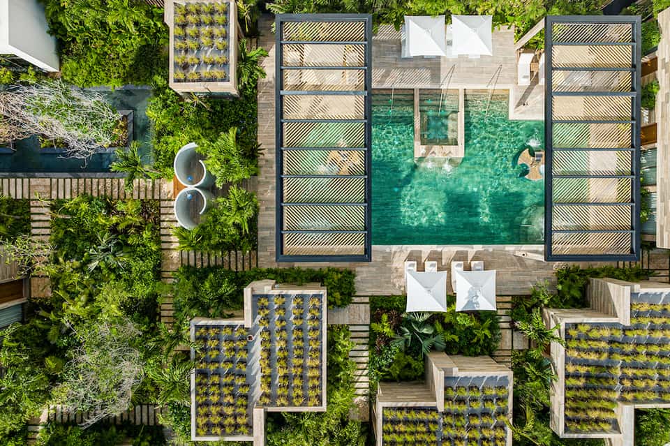 Aerial view of modern pool surrounded by lush landscaping, lounge chairs, and neutral-toned design