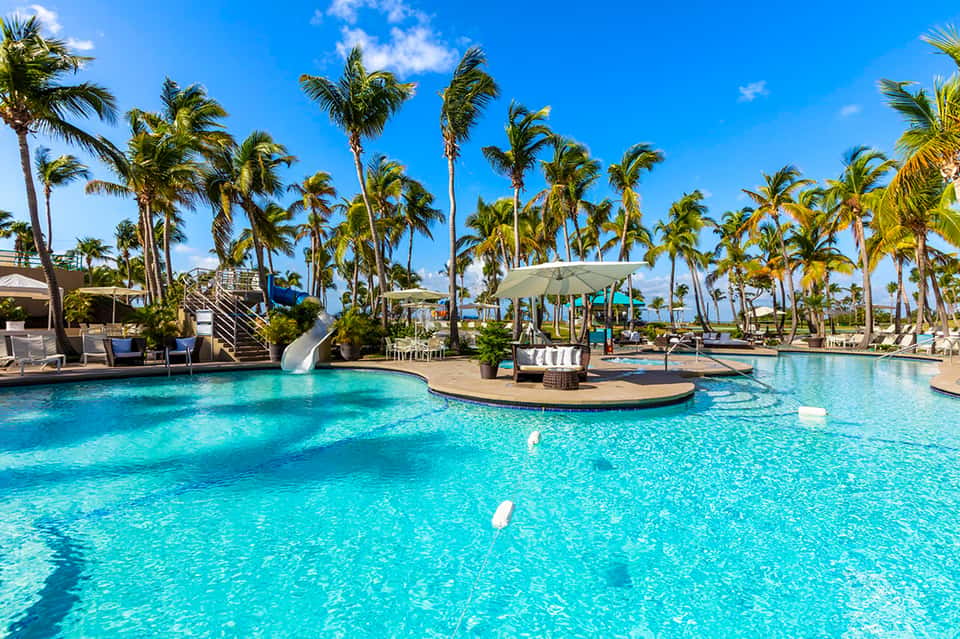Tropical resort pool with crystal-clear turquoise water, palm trees, white umbrellas, and slide