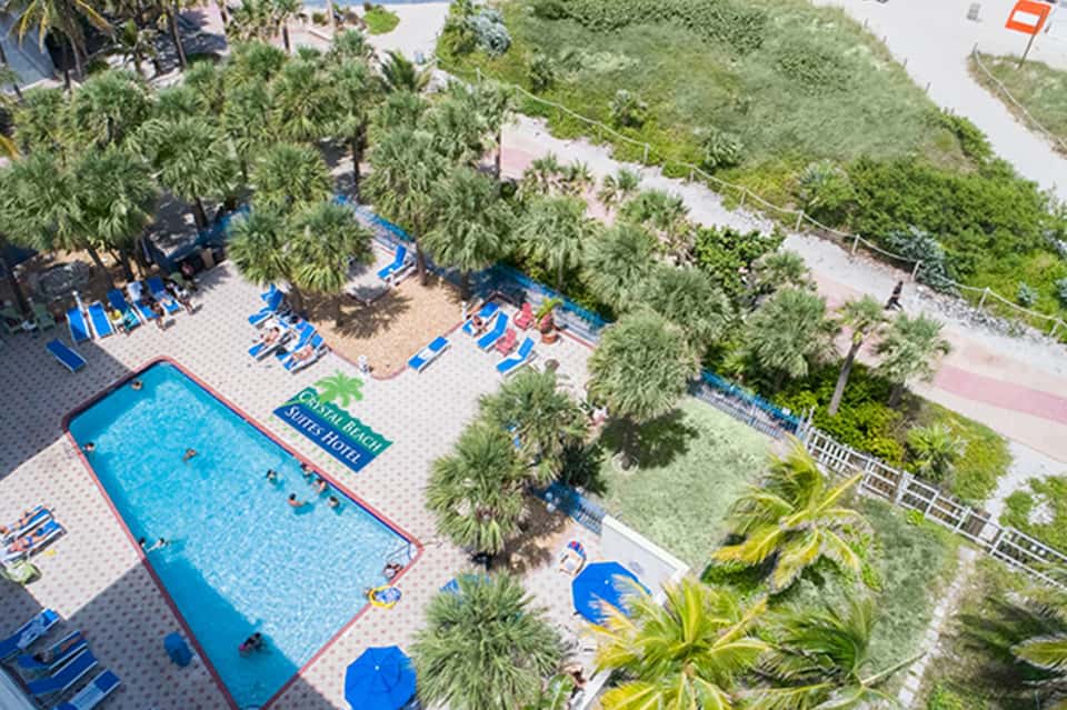 Aerial view of beachside resort pool surrounded by palm trees, blue lounge chairs, and sandy beach