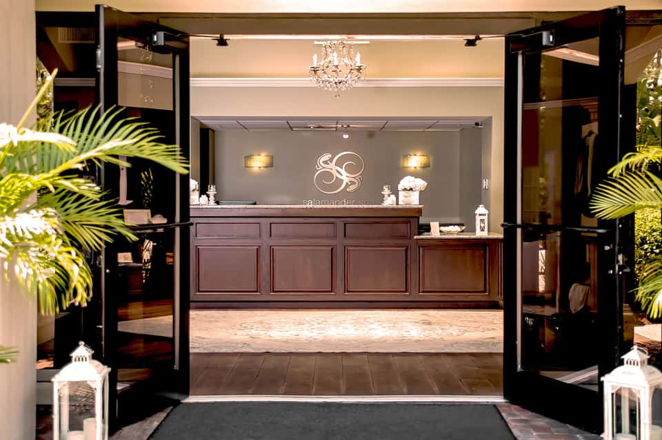 Elegant spa reception desk with dark wood paneling, decorative logo, and tropical plants flanking the entrance