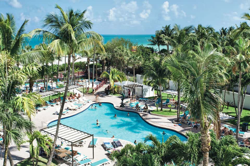 Aerial view of curved resort pool surrounded by palm trees with ocean visible in distance