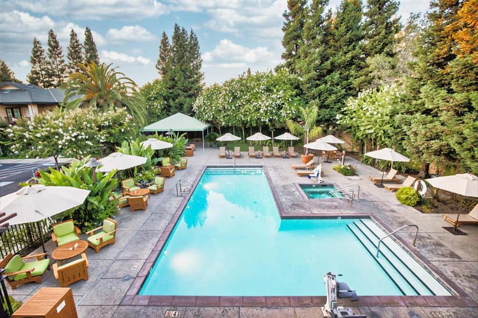 Aerial view of luxury resort pool with white umbrellas, lounge chairs, and surrounding gardens