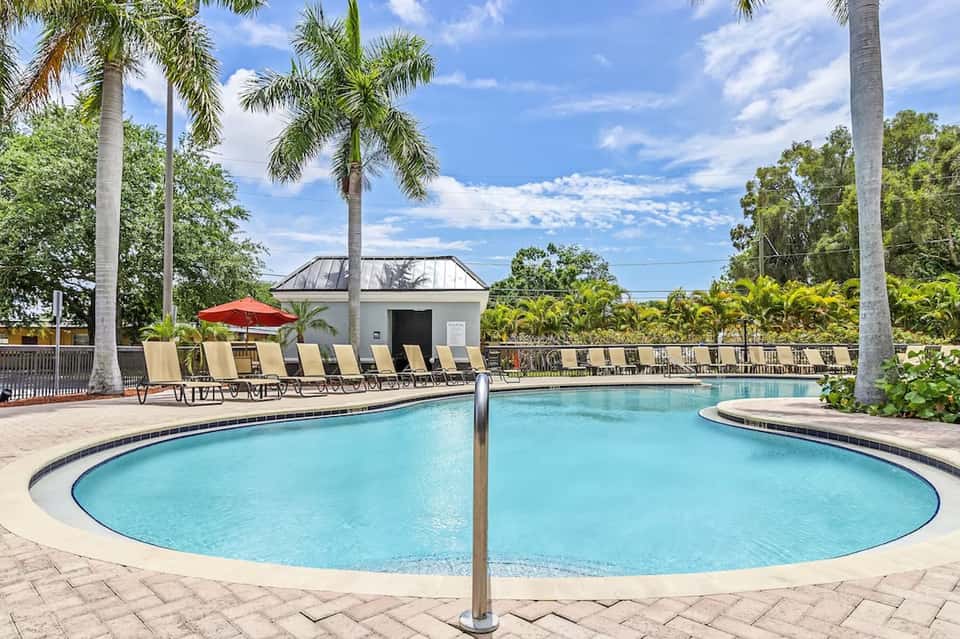 Circular resort pool with palm trees, lounge chairs, red umbrella, and waterfront views