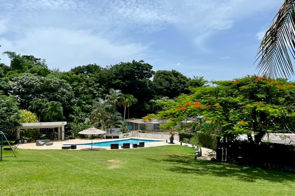 Tropical resort backyard with swimming pool, loungers, and lush green landscaping