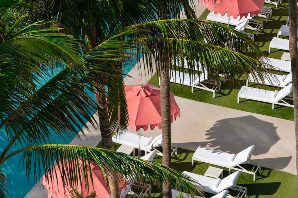Tropical resort pool deck with lounge chairs, pink umbrellas, palm fronds, and blue water visible