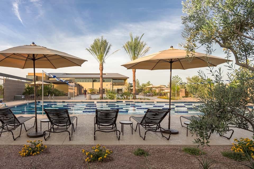 Lap pool with lane dividers, lounge chairs, large umbrellas, and palm landscaping