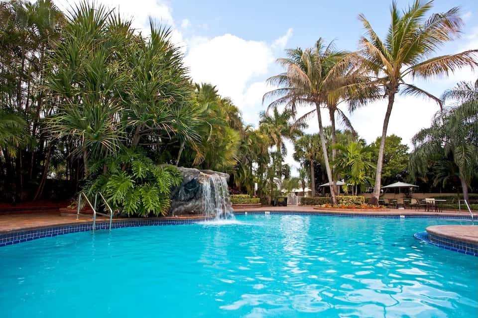Tropical resort pool with waterfall, palm trees, lounge chairs, and lush landscaping