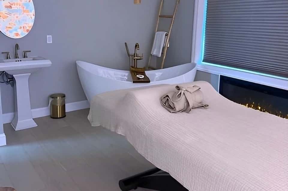 Contemporary bedroom with freestanding soaker tub, fireplace and modern amenities