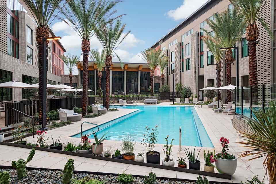 Modern rectangular pool with turquoise water, white loungers, palm trees, and multi-story residences