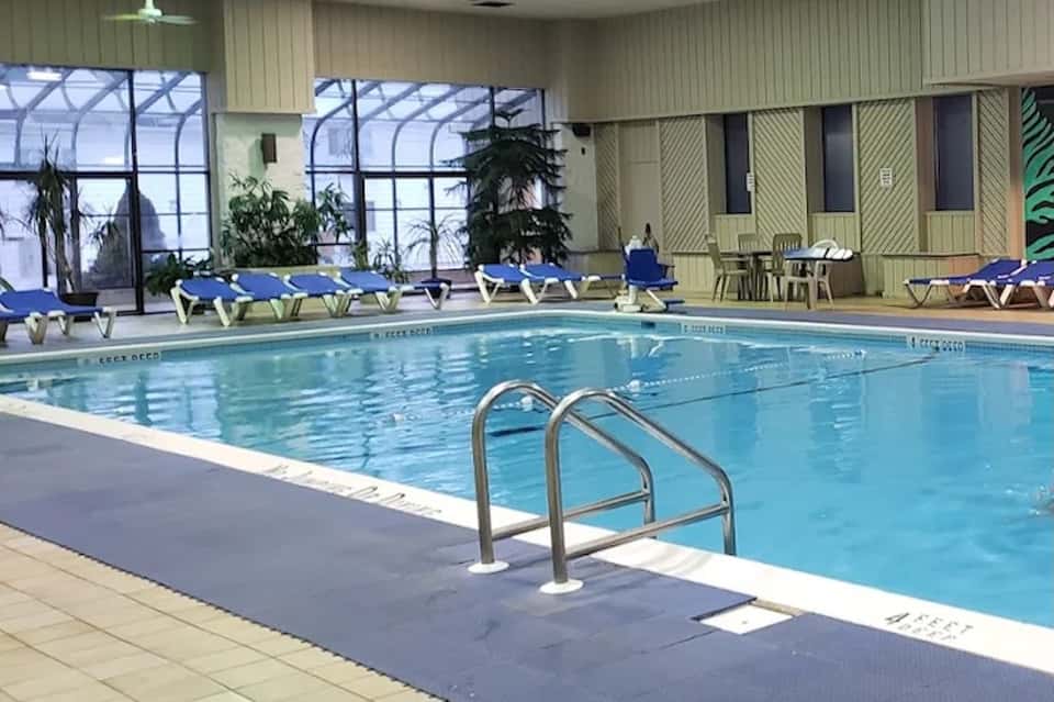 Indoor swimming pool with lane markers, blue loungers, glass windows, and decorative plants