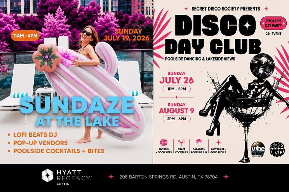 Hotel poolside event flyer featuring daytime pool party and disco day club promotional graphics