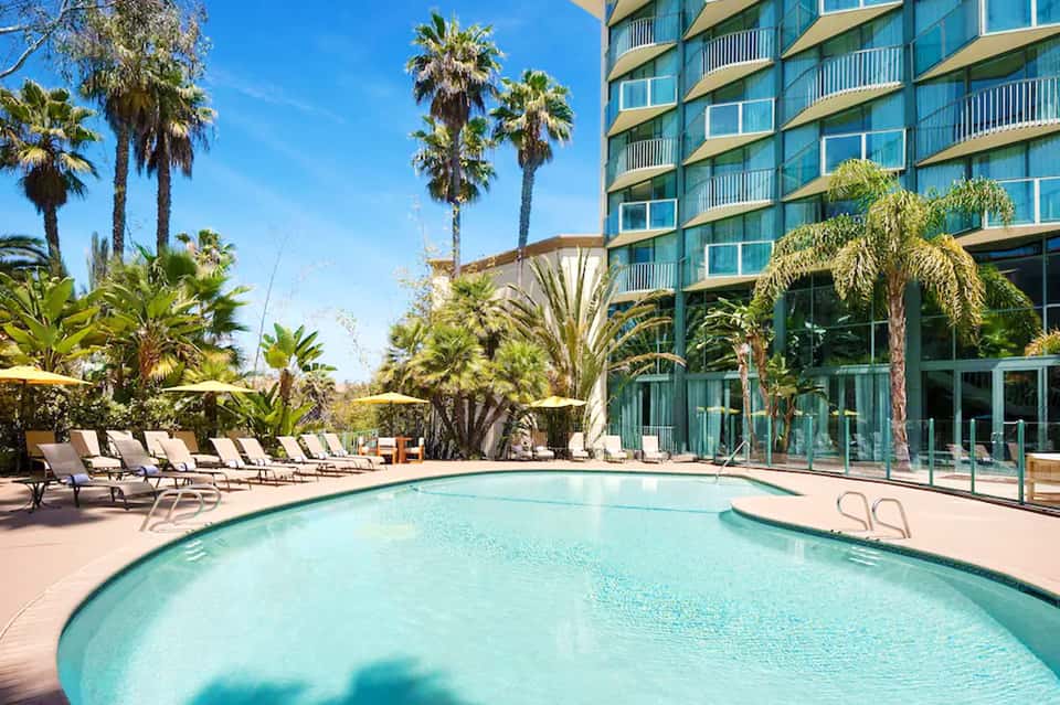 Resort pool surrounded by palm trees with lounge chairs and high-rise hotel building