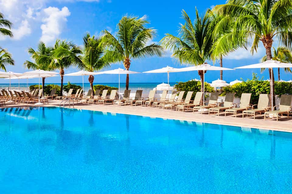 Luxurious resort pool with crystal blue water, palm trees, white umbrellas, and ocean view in background