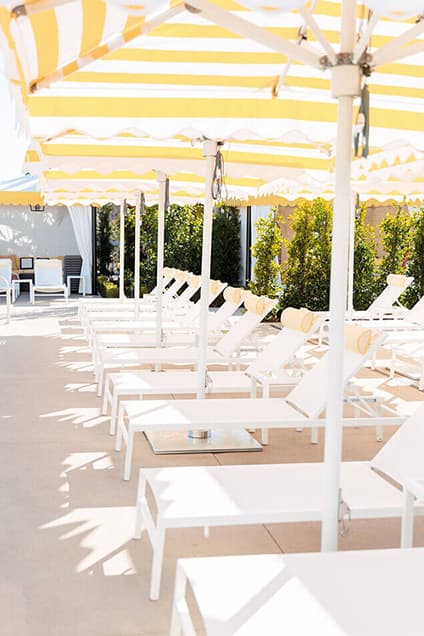 Hotel's umbrella covered poolside lounge chairs
