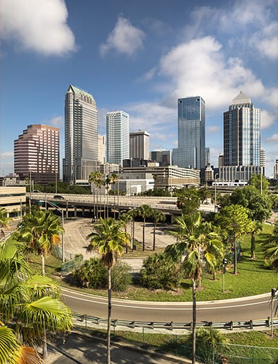 View of high rise hotels and buildings in Tampa, FL